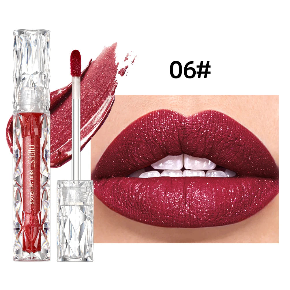 QIBEST-brillo de labios resistente al agua con brillo de diamante, lápiz labial líquido mate, esmalte de labios de perla brillante, tinte labial de larga duración, maquillaje para mujer