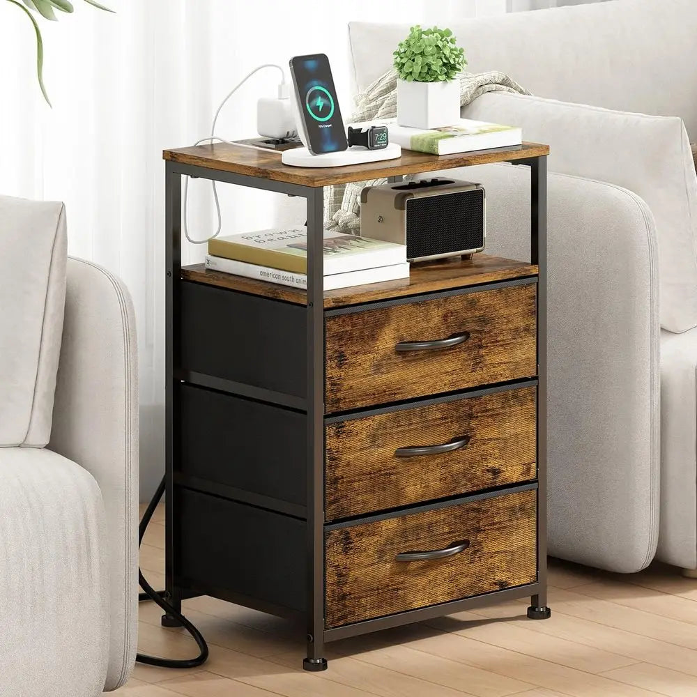 Mesa de Noche con Estación de Carga, Buró para Recámara de 3 Niveles, Buró con 3 Cajones de Tela, Mesita de Noche Inteligente