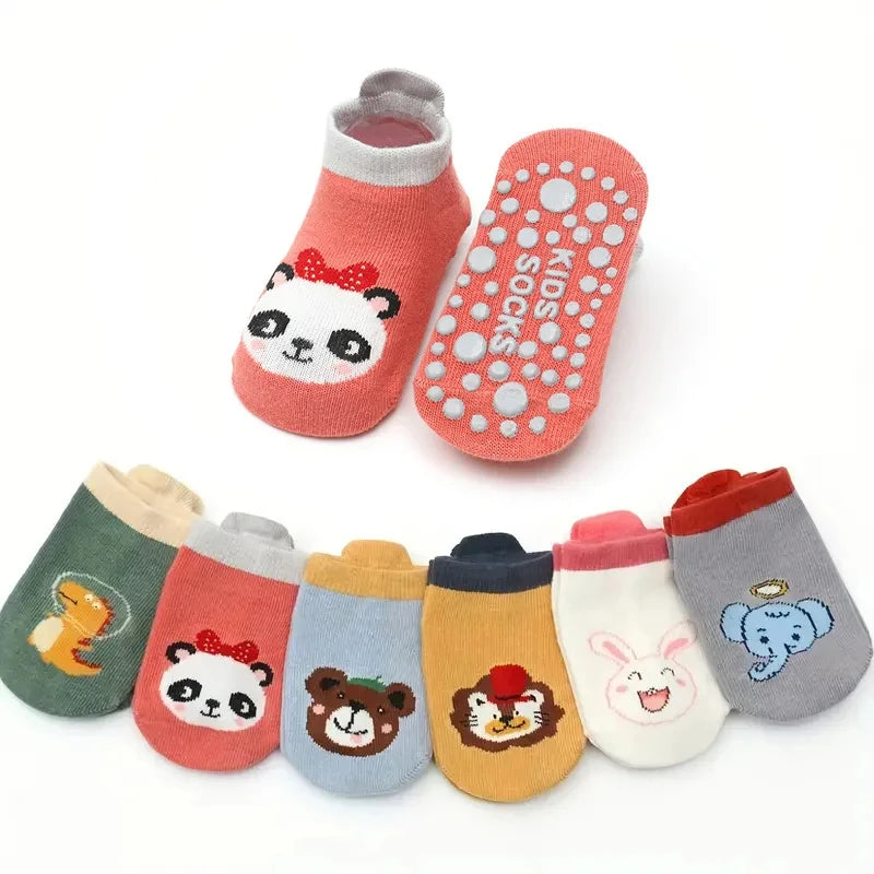 6 pares de calcetines antideslizantes para niños y niñas con lindos estampados de animales de dibujos animados, calcetines cómodos y transpirables para bebés.
