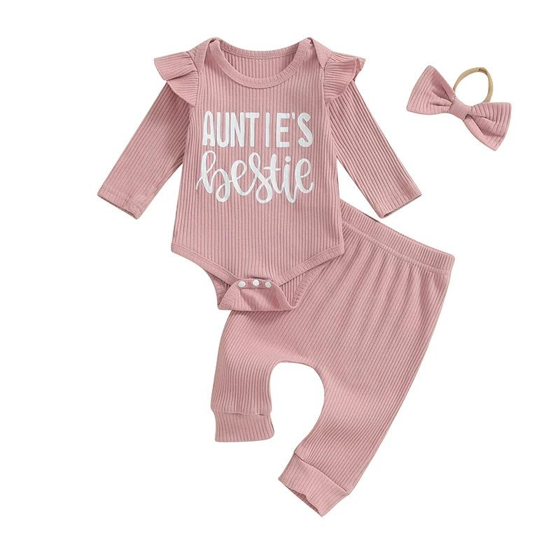 Conjunto de 3 piezas para niñas de 0 a 12 meses, pelele con volantes y manga larga con estampado de letras, Tops, pantalones largos, trajes con banda para el pelo