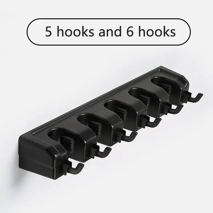 Soporte para fregona montado en la pared, colgador multifuncional de 3/4/5 posiciones, estante de almacenamiento de plástico mágico negro para cocina y hogar