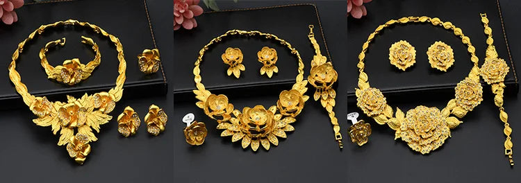 Juego de joyería nupcial de lujo en oro 24k Au999 para novias africanas y mujeres saudíes, collar, pulsera, aretes y anillo, 4 piezas, regalo.