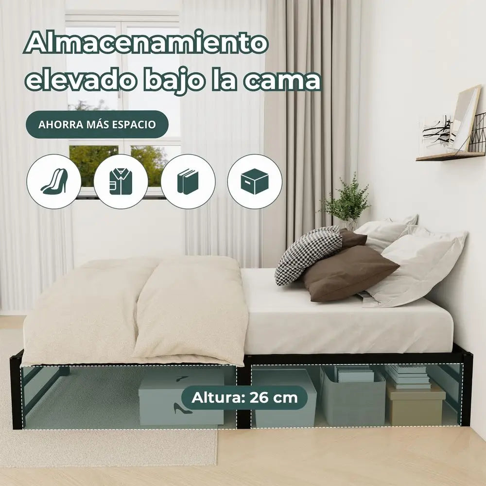 Cama Matrimonial Diseño Sin Tornillos 190x135x30CM, Marco de Metal con Plataforma, Gran Espacio de Almacenamiento, Base de Cama