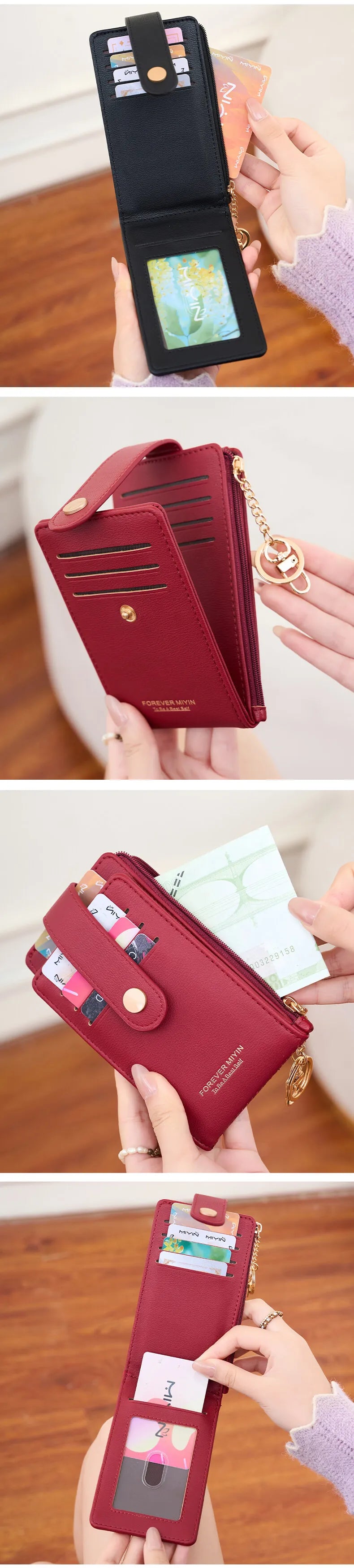 Elegante tarjetero plegable vertical, cartera ultrafina para mujer, tarjetero plegable, monedero con cremallera, bolso de mano con llavero