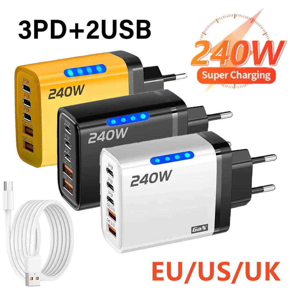 Cargador USB C GaN 5 en 1 de 240W, adaptador de carga rápida para teléfono, PD QC3.0, enchufe europeo/estadounidense/británico, cargador de pared para iPhone, Samsung, Xiaomi