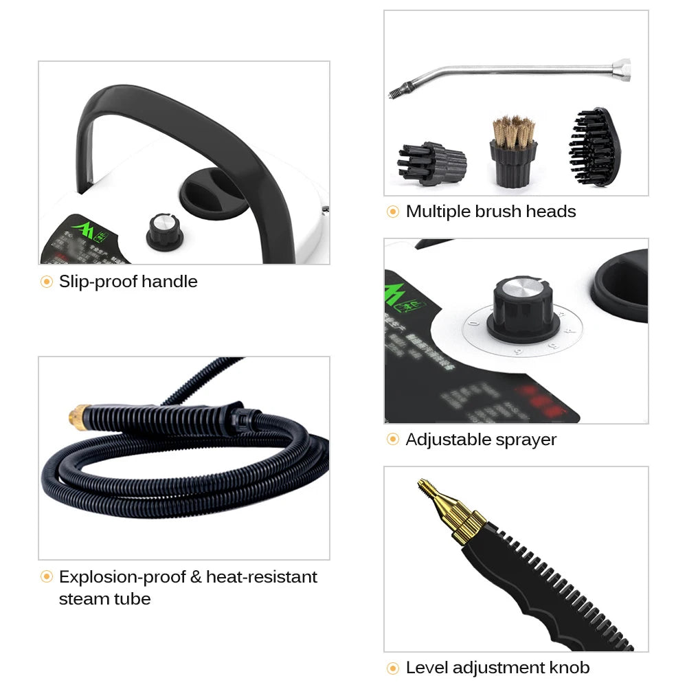 Limpiador a Vapor Portátil de Mano, 1500W, Alta Temperatura, Máquina de Limpieza a Vapor a Presión con Cabezales de Cepillo para Muebles de Cocina