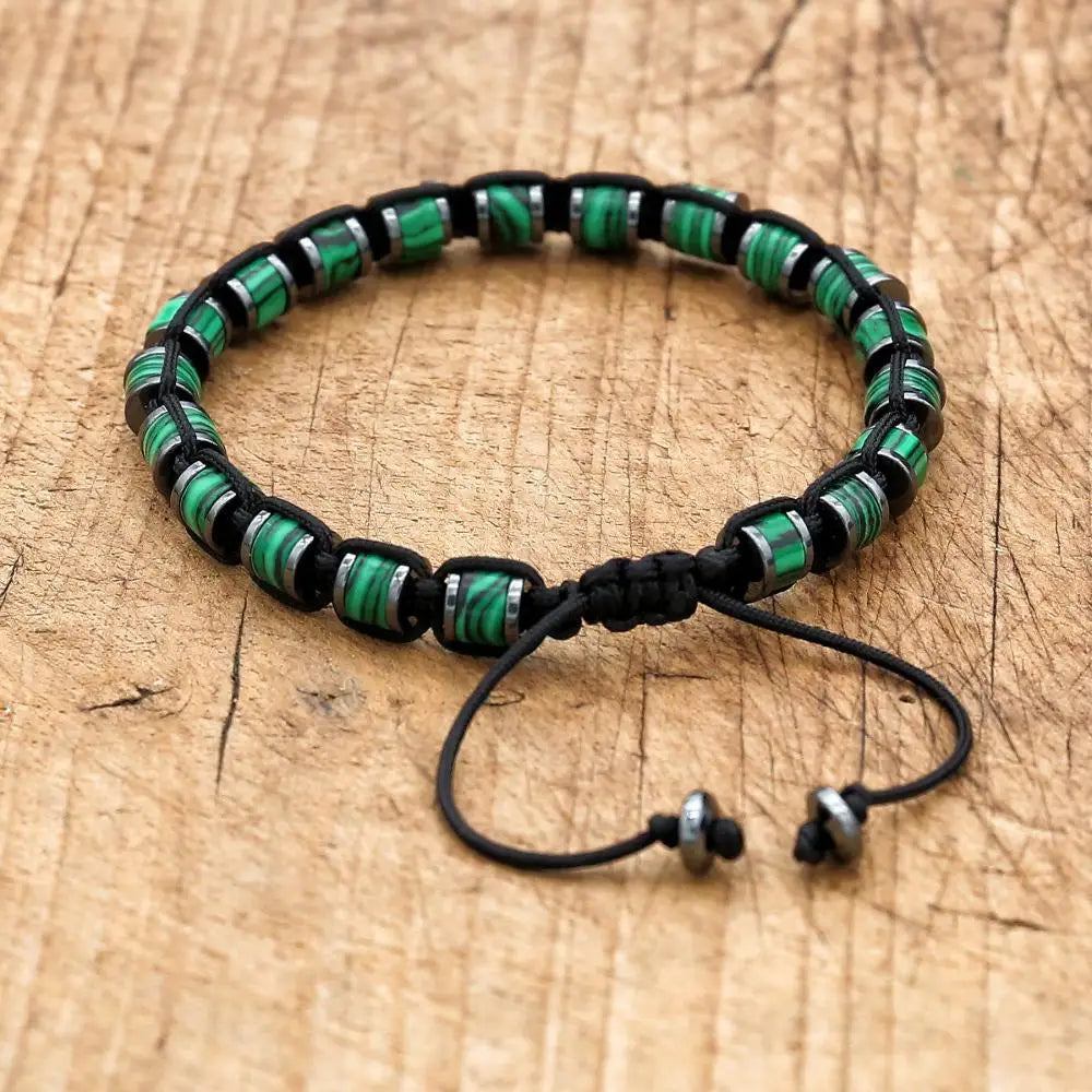 Pulsera trenzada de cuentas de hematita de malaquita de 3x6mm, pulsera tejida hecha a mano con abalorio de Yoga bohemio, joyería de moda para hombres y mujeres