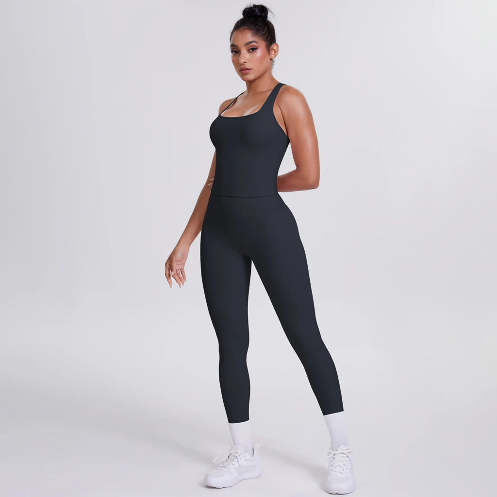Hamidou - Conjunto de yoga de 2 piezas para mujer: leggings de fitness de secado rápido con efecto push-up y top deportivo con espalda en I de color liso.