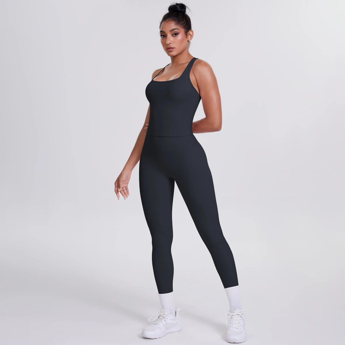 Hamidou - Conjunto de yoga de 2 piezas para mujer: leggings de fitness de secado rápido con efecto push-up y top deportivo con espalda en I de color liso.