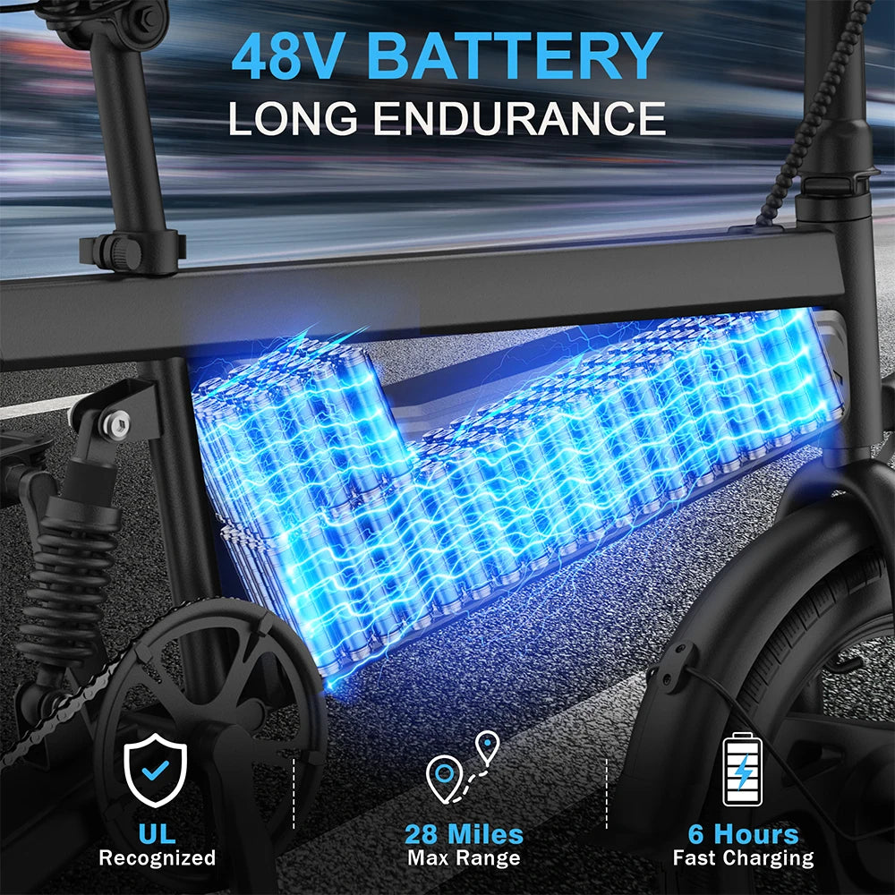 Bicicleta eléctrica plegable de 14 pulgadas, Motor sin escobillas de 350W, batería de 48V y 9Ah, velocidad máxima de 22MPH, 28 millas de largo alcance para adultos