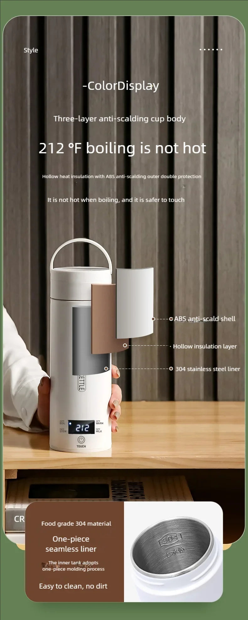 JFBONIN-hervidores eléctricos portátiles para té y café, hervidor de agua para hervir, taza térmica, botella de agua antiescaldaduras, menú en inglés
