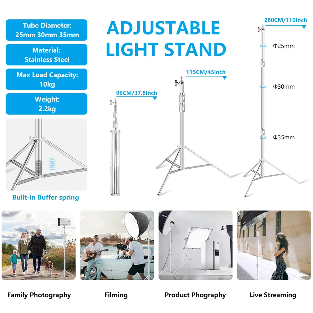 Trípode de 2,9 M, trípode grande súper estable, soporte de luz plegable, marco de elevación, ruedas, Softbox de fotografía, estudio fotográfico de acero inoxidable