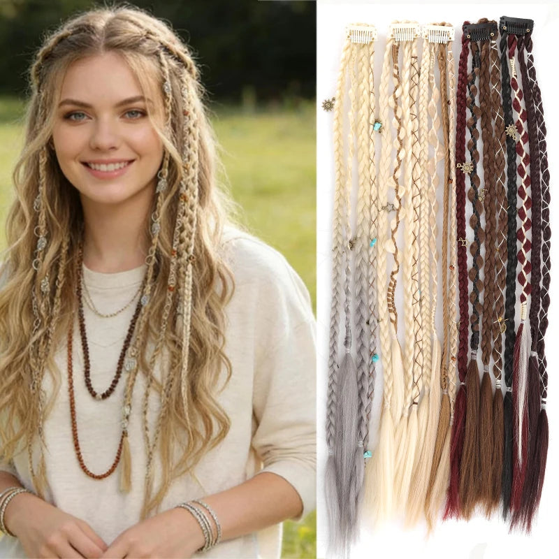 Peluca con 4 trenzas pequeñas y extensiones de cabello para mujer, combinada con trenzas sintéticas estilo bohemio con clip BB.