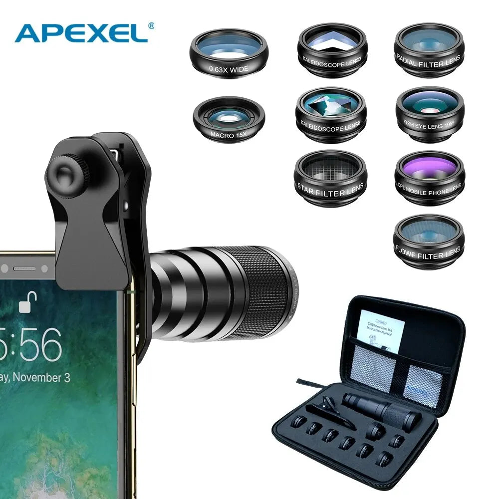 APEXEL-Kit de lentes para teléfono móvil, teleobjetivo 22X, ojo de pez, lente Macro gran angular, filtros de flujo de estrella CPL para todos los teléfonos inteligentes, 10 en 1