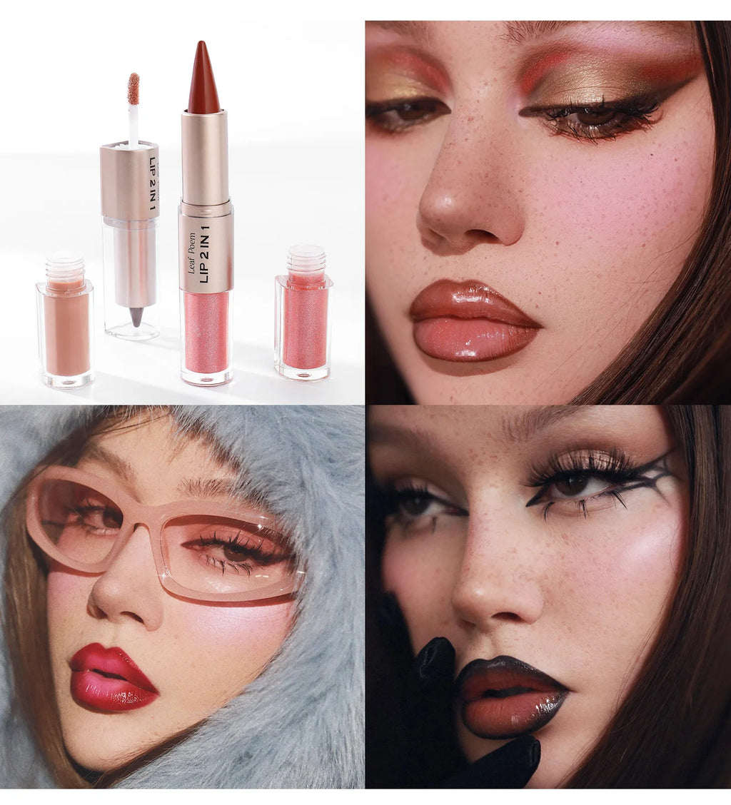 Delineador de labios cónico negro y marrón, lápiz de contorno, espejo de doble cabeza, brillo de labios de cristal, maquillaje de tinte de labios rojos sexis