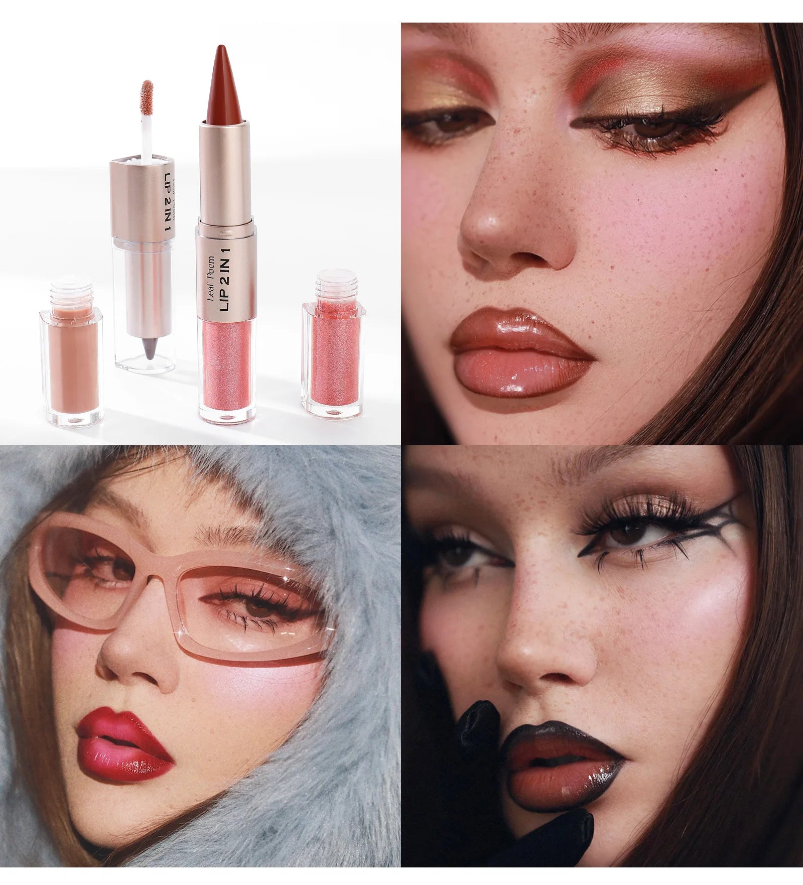 Delineador de labios cónico negro y marrón, lápiz de contorno, espejo de doble cabeza, brillo de labios de cristal, maquillaje de tinte de labios rojos sexis