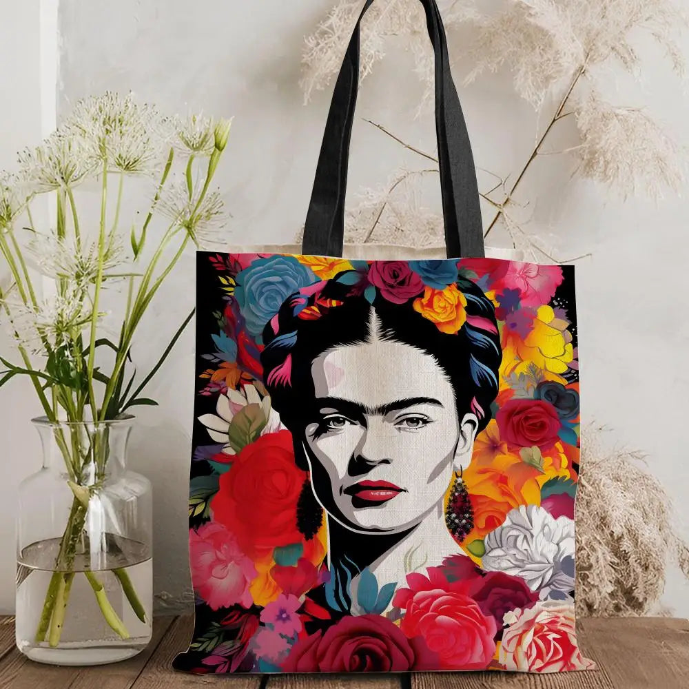 Bolsos de Almacenamiento Art F-Frida Kahlo, Bolso Tote de Lona con Estampado a Doble Cara, Bolso de Hombro de Gran Capacidad para Mujer