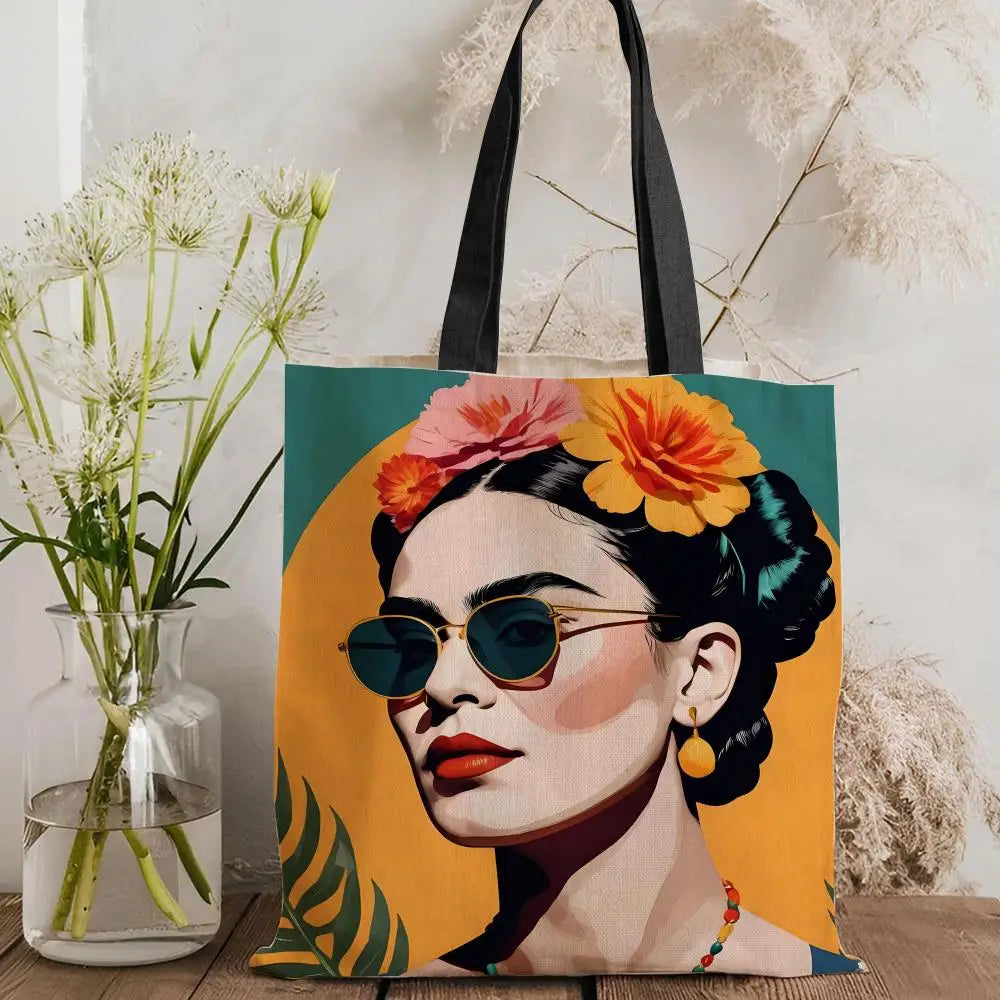 Bolsos de Almacenamiento Art F-Frida Kahlo, Bolso Tote de Lona con Estampado a Doble Cara, Bolso de Hombro de Gran Capacidad para Mujer