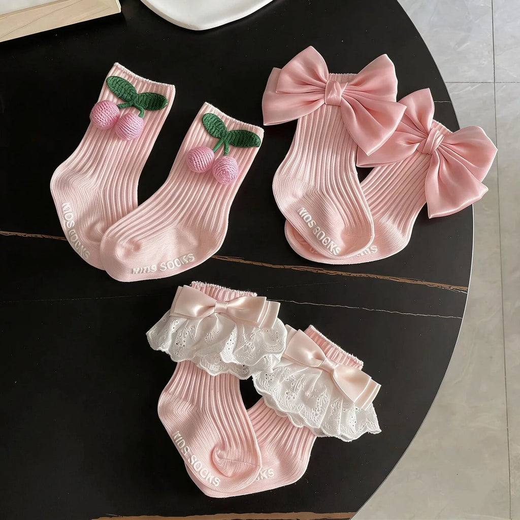 Calcetines rosas para niñas pequeñas, calcetines de algodón con lazo grande y encaje de cereza, calcetines de pantorrilla para niños, calcetines bonitos de princesa para niños de 1 a 5 años