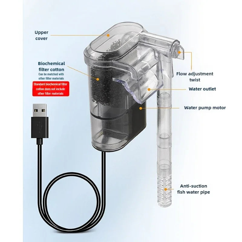 Filtro de Acuario Colgante, Mini Cascada, Bomba USB, Accesorios para Acuario, Filtro de Esponja para Limpieza y Circulación de Peceras Pequeñas