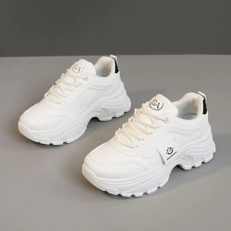 Zapatillas de deporte para mujer, zapatos de cuero con aumento de altura, zapatos informales con cordones a la moda, zapatos vulcanizados para exteriores, zapatos de plataforma de diseñador para mujer