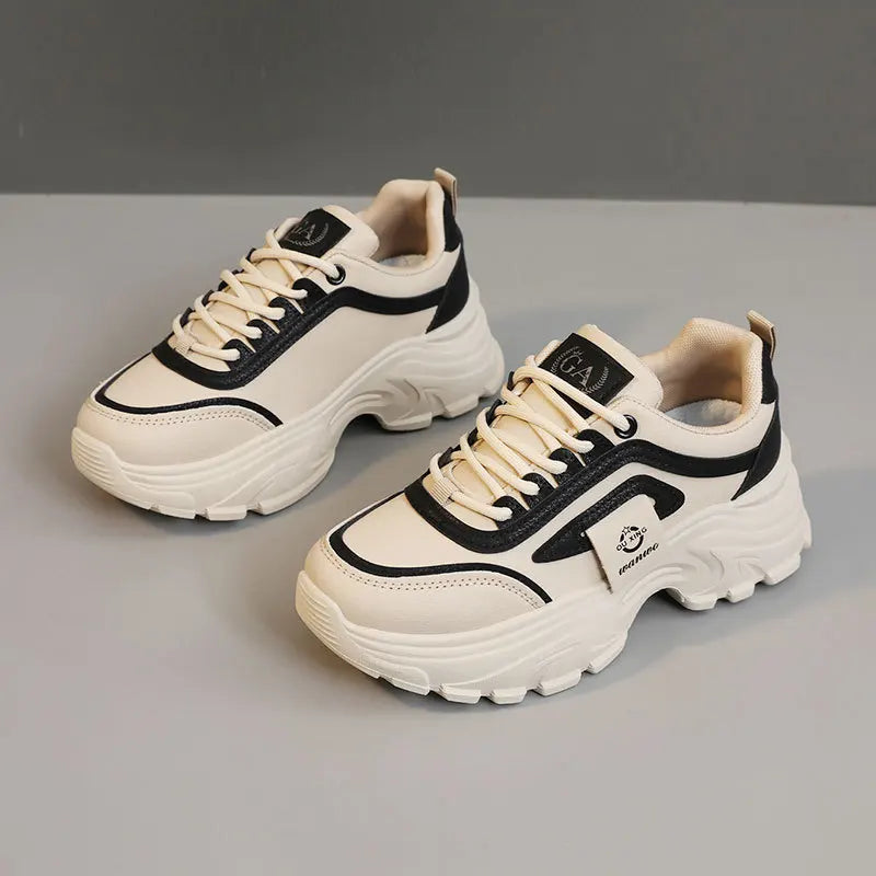 Zapatillas de deporte para mujer, zapatos de cuero con aumento de altura, zapatos informales con cordones a la moda, zapatos vulcanizados para exteriores, zapatos de plataforma de diseñador para mujer