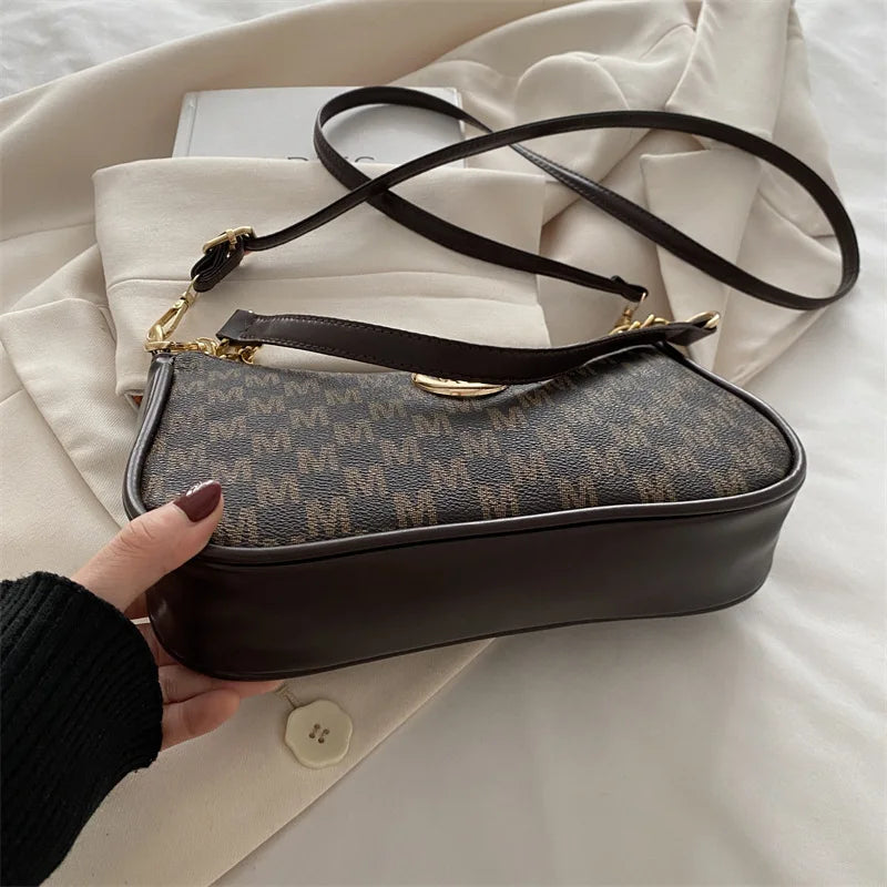 Bolso retro francés para axila, bolso de un hombro con estampado de letras y cadena cuadrada cruzada diagonal para mujer