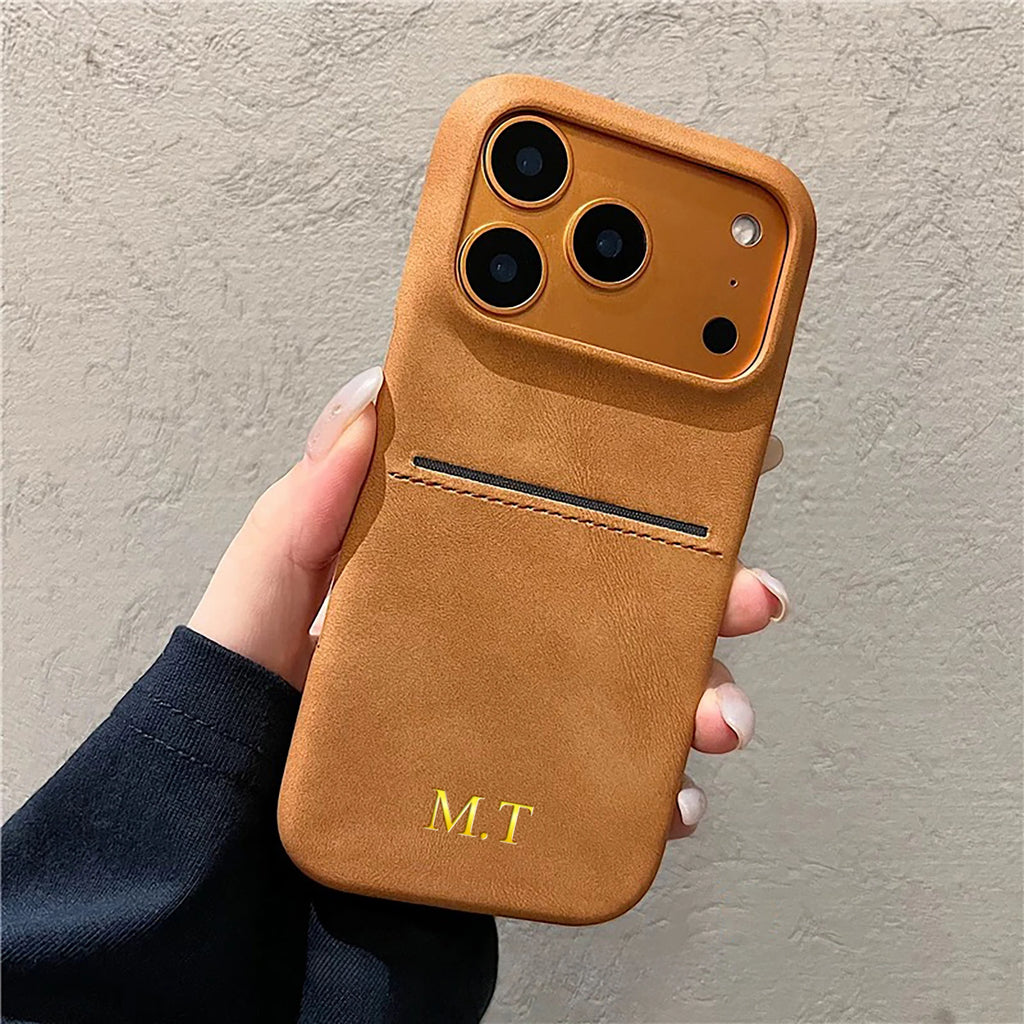 Funda de tarjeta insertable de piel sintética Vintage personalizada para iPhone 17 16 15 14 13 Pro Max Air nombre personalizado estampado de lámina dorada caliente