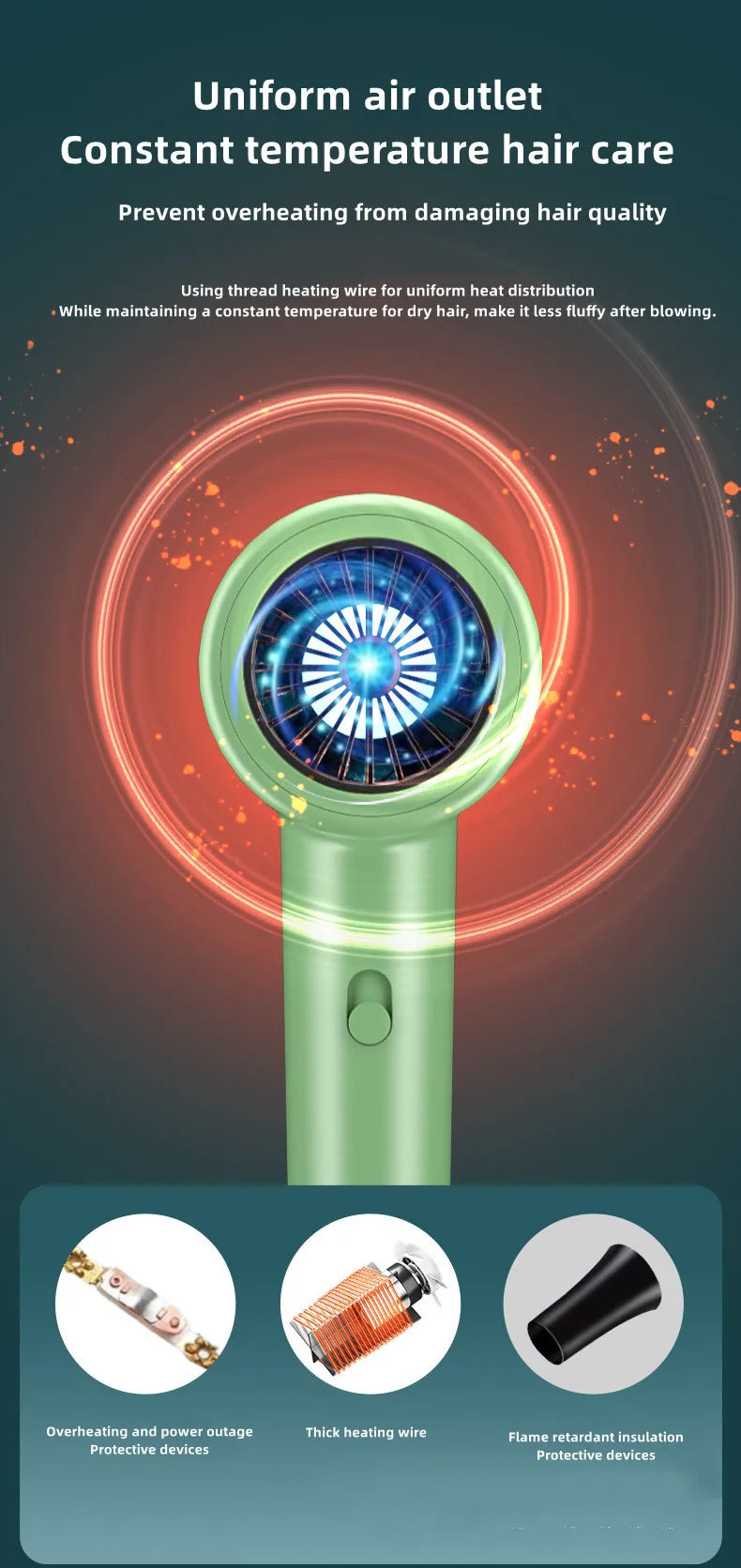 Secador de Pelo Profesional de 2400W con Aire Frío y Caliente, Temperatura Constante, Luz Azul, Iones Negativos y Silencioso
