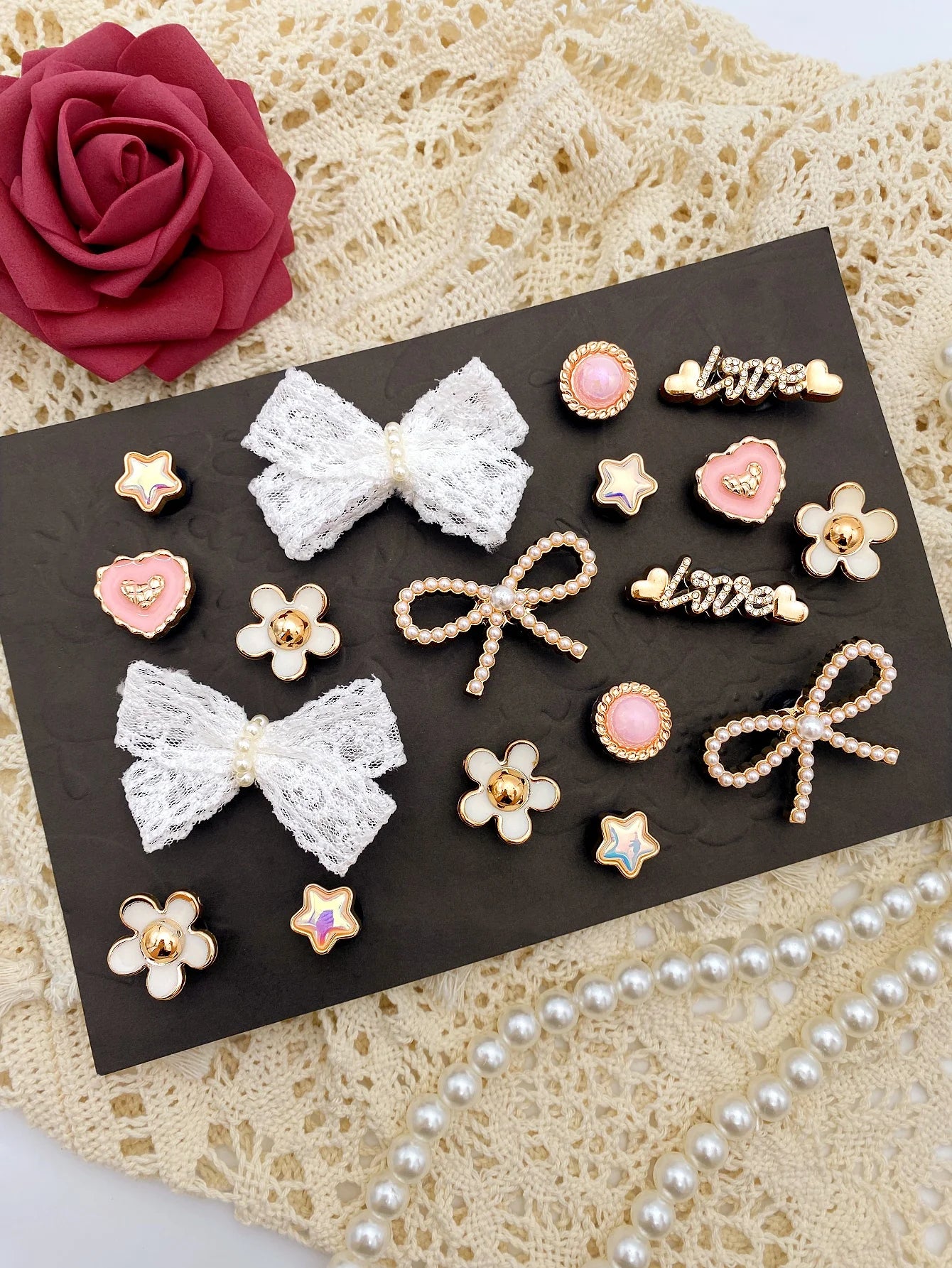 18 piezas de lazo de perlas ABS blanco, perla ABS redonda rosa, amor, flores blancas, pentáculo, botón de amor con letras, decoración DIY, suitab