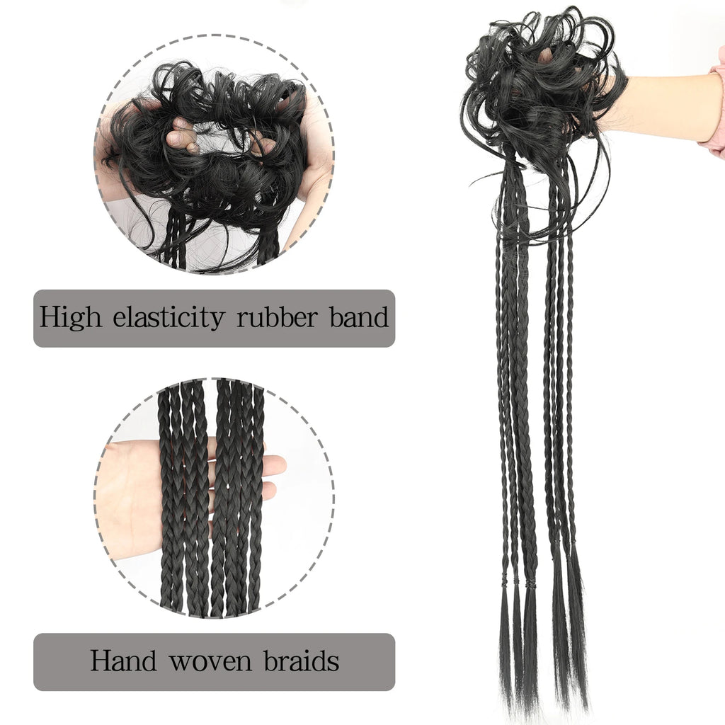 Postizo de Cabello Sintético para Moño Despeinado, Rubio y Castaño, Estilo Y2K, Trenza Desordenada y Rizada, Banda Elástica para el Cabello, Piezas de Cabello Falso para Mujer