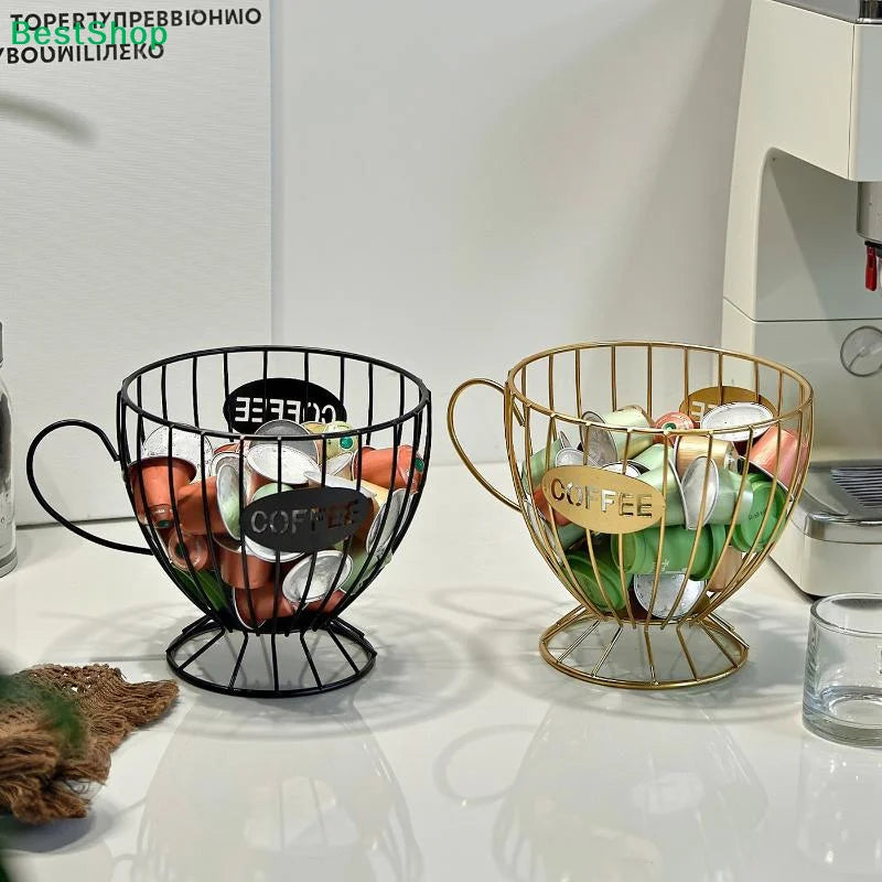 ♥ Soporte para Cápsulas de Café de Metal en Forma de Copa (Dorado/Negro) - Estante de Almacenamiento de Alambre para Cápsulas Nespresso, Organizador de Encimera de Cocina