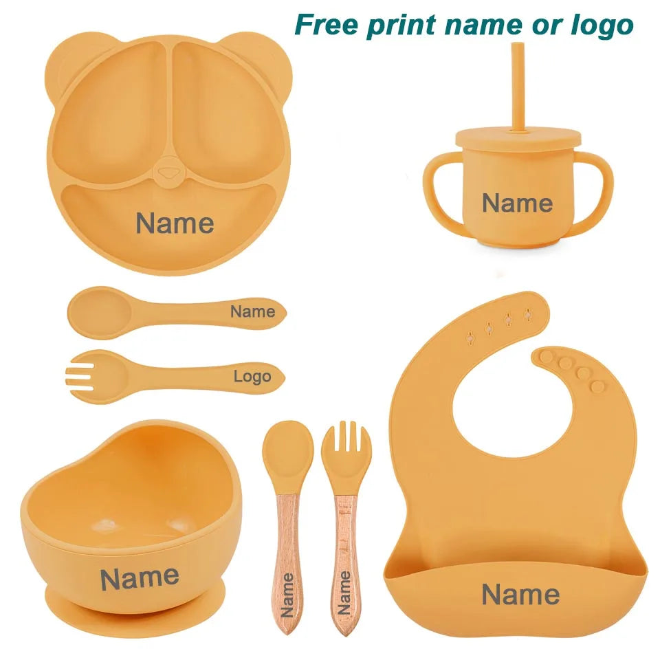 Vajilla de silicona para niños, juego de alimentación de bebé, plato de dibujos animados, nombre personalizado, taza con ventosa, plato, babero, regalo para recién nacido, 8 Uds./5 uds.