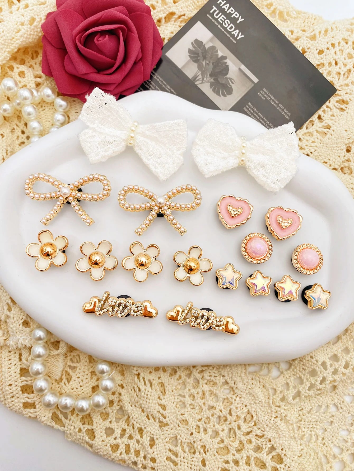 18 piezas de lazo de perlas ABS blanco, perla ABS redonda rosa, amor, flores blancas, pentáculo, botón de amor con letras, decoración DIY, suitab