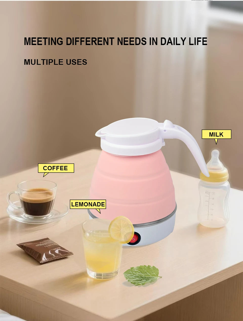 Mini Hervidor eléctrico plegable, Hervidor eléctrico portátil de 0,6l, calentador de agua de viaje para el hogar, compresión de silicona de 110V-220V