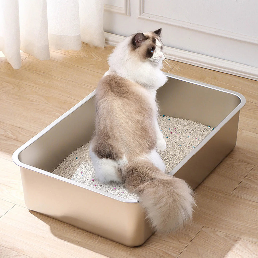 Caja de arena para gatos de acero inoxidable 304, bandeja de arena grande de acero inoxidable para interiores, sartén de Metal de alta cara para gatos, suministros de limpieza para gatos