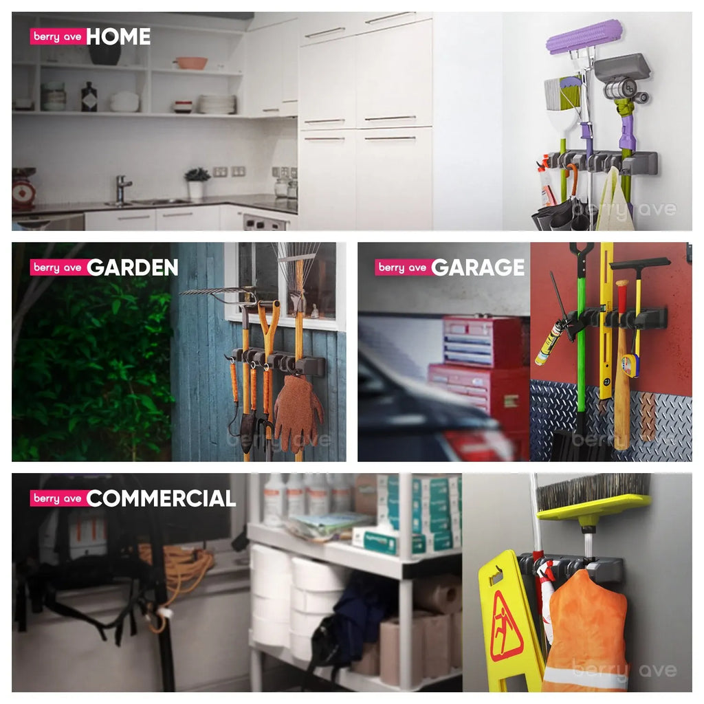 Soporte para fregona montado en la pared, colgador multifuncional de 3/4/5 posiciones, estante de almacenamiento de plástico mágico negro para cocina y hogar