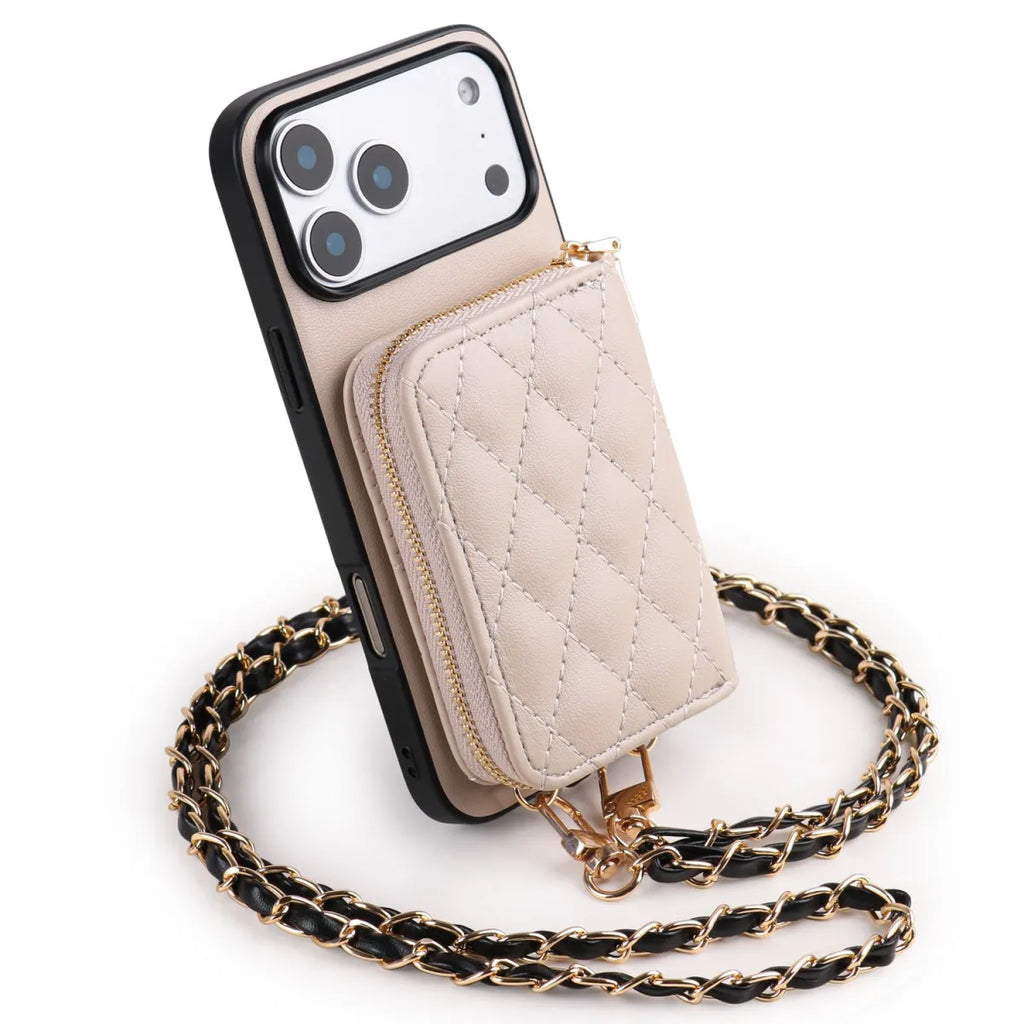 Nueva tendencia, funda de teléfono de cuero PU con patrón de cordero para iPhone 17 /16 /15/14/13/12/11, funda para tarjetas multifuncional, cadena larga elegante