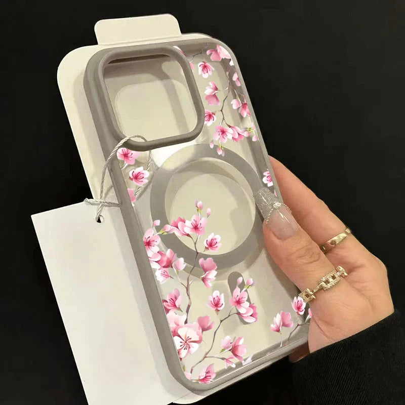 Funda de teléfono magnética con diseño de fondo Floral elegante de cereza rosa para iPhone 17 16 15 14 13 12 Pro Max 11 16 Plus 16E 17Air