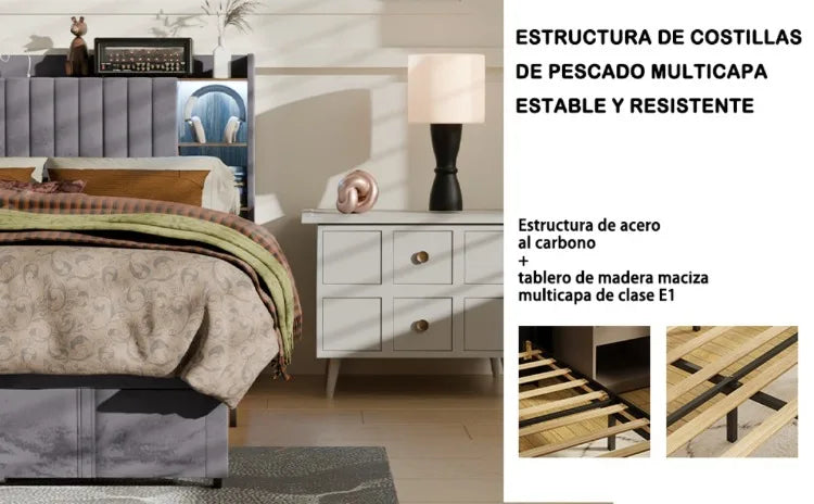 Base de Cama de Plataforma de Madera con Cajones de Almacenamiento, Tamaño Matrimonial, con Luces LED y Estación de Carga, No Requiere Somier, Gris