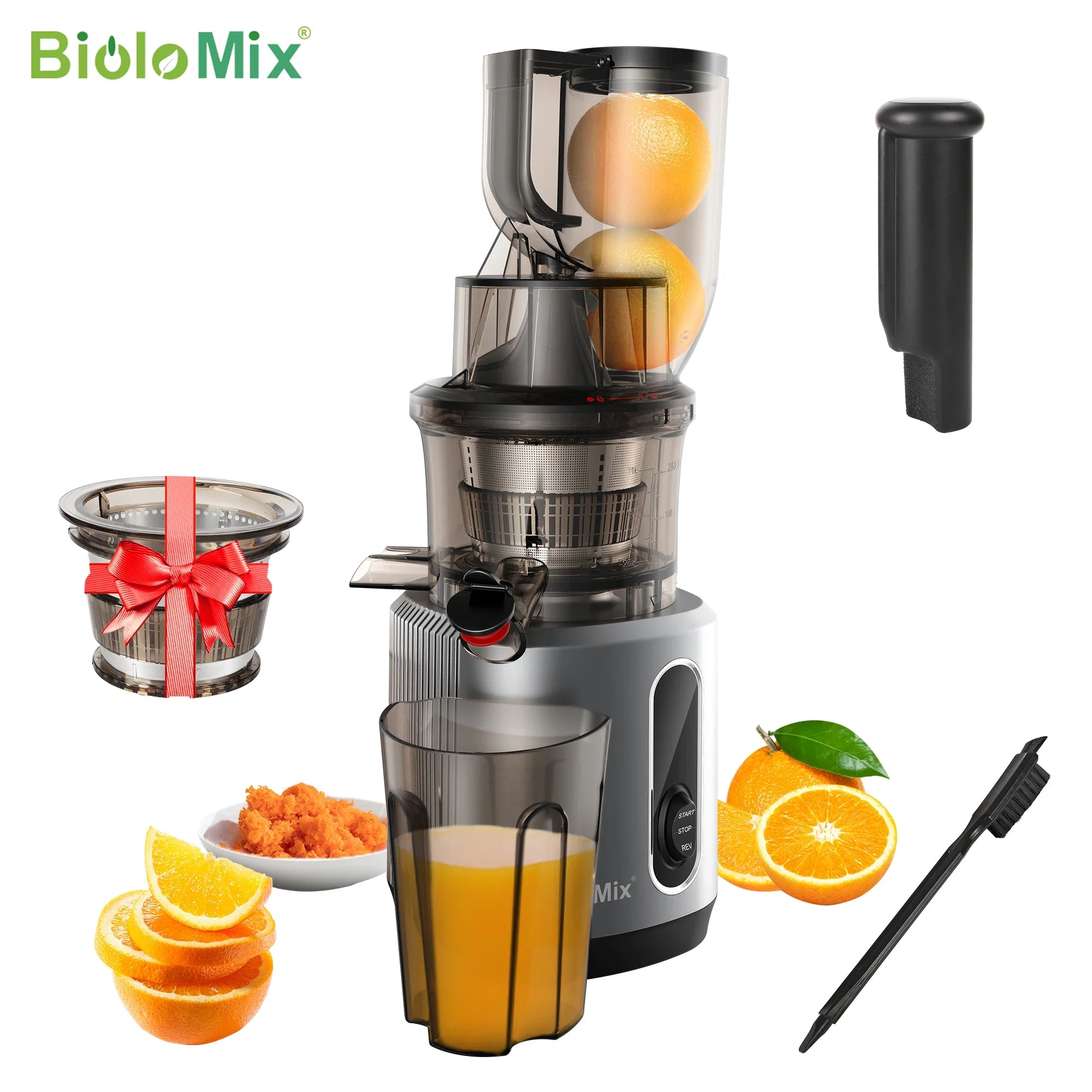 BioloMix-exprimidor de prensa en frío con conducto de alimentación de 78mm, potente Motor de 200W, 40-65RPM, Extractor de zumo de masticulación lenta, se adapta a frutas completas
