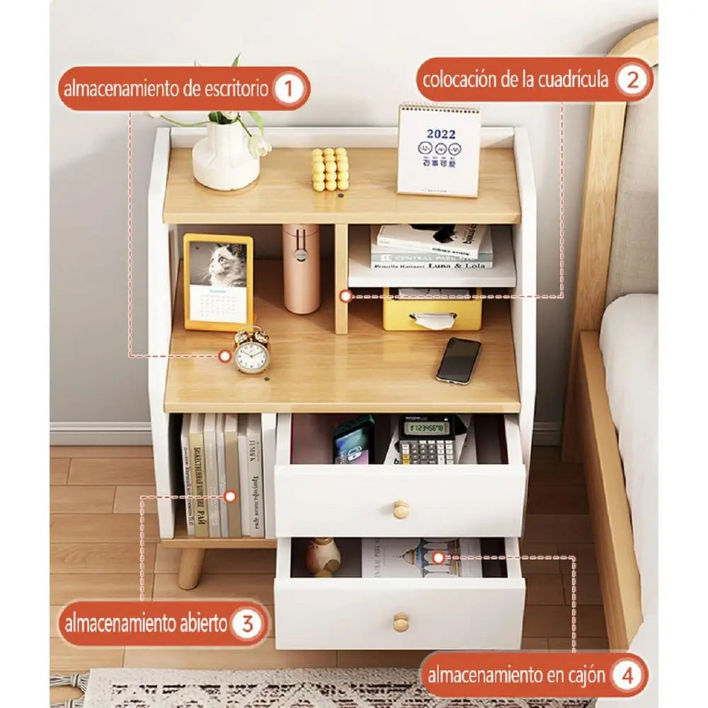 Mesita de Noche Moderna de 3 Niveles con Cajones y Patas, Mesa Auxiliar Duradera, Estable y Encantadora, con Estante
