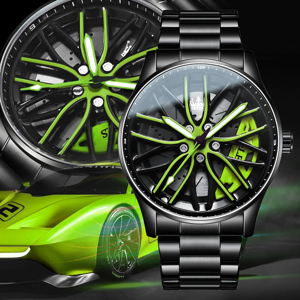 Reloj de pulsera de cuarzo para hombre, de acero inoxidable, a la moda, con esfera deportiva, llanta de coche, cubo de rueda, relojes de pulsera de lujo para negocios