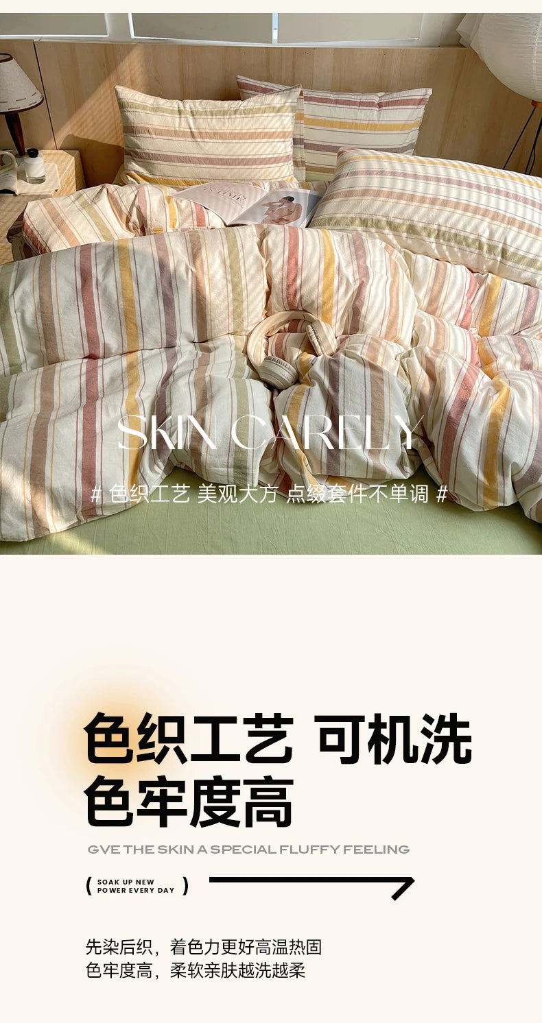 Juego de cama suave de algodón 100%, funda nórdica con estampado de rayas y funda de almohada, ropa de cama, colcha, fundas de almohada, juegos de edredón