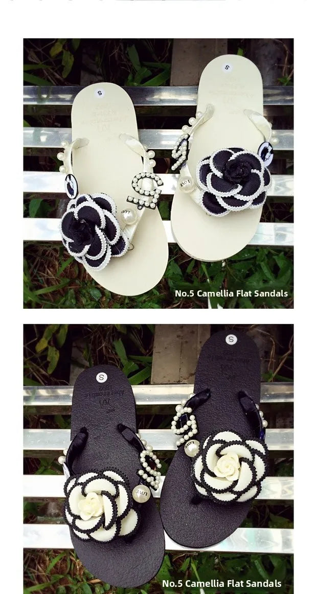 Sandalias Hechas a Mano con Suela Plana Antideslizante, Decoradas con Perlas, con Diseño de Flor de Camelia, Chanclas de Play...