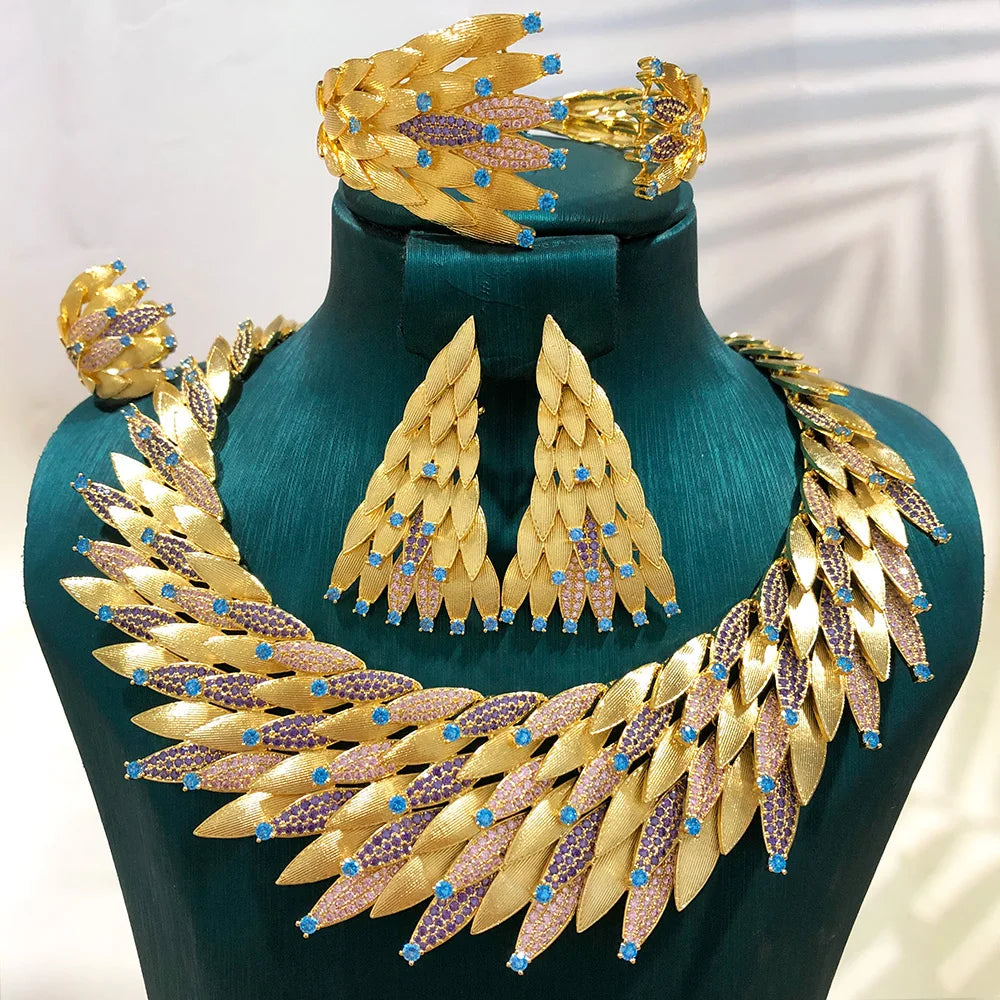 GODKI Nuevo Conjunto de Joyería Africana de Lujo con Hojas de Arce, 4 Piezas, para Mujer, Boda, Fiesta, Circonita Cúbica, Joyería Nupcial India