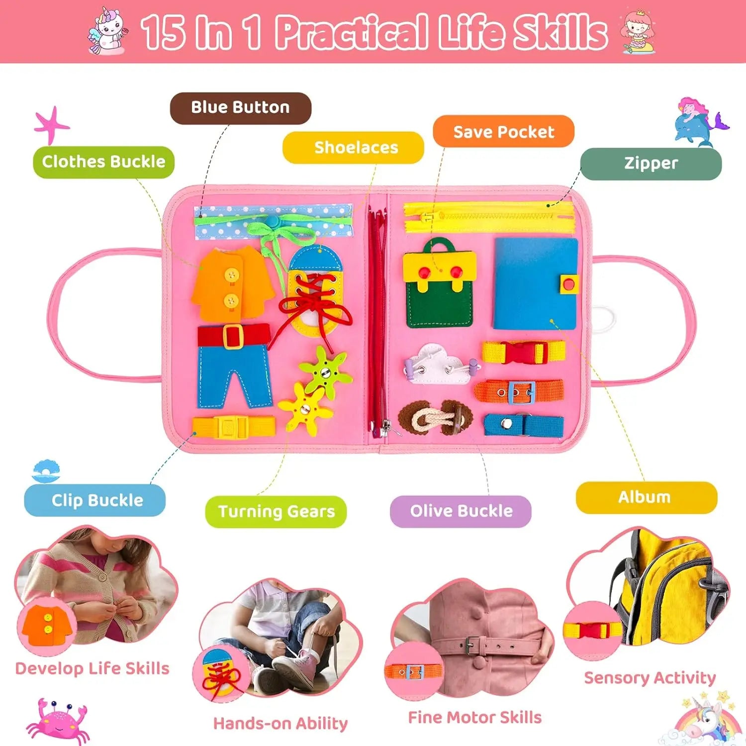 Juguetes Montessori, tablero ocupado, tablero de desarrollo de actividades sensoriales para niños pequeños para habilidades motoras, juguetes educativos de actividades de viaje
