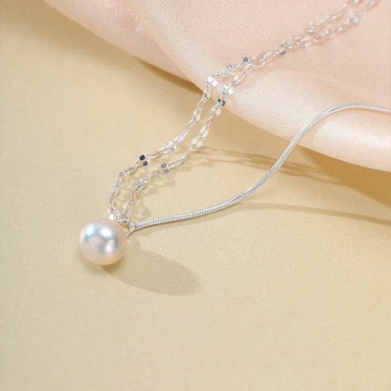 Collar de perlas de doble capa de Plata de Ley 925 con temperamento brillante, collar de cadena asimétrico, joyería de moda ﻿