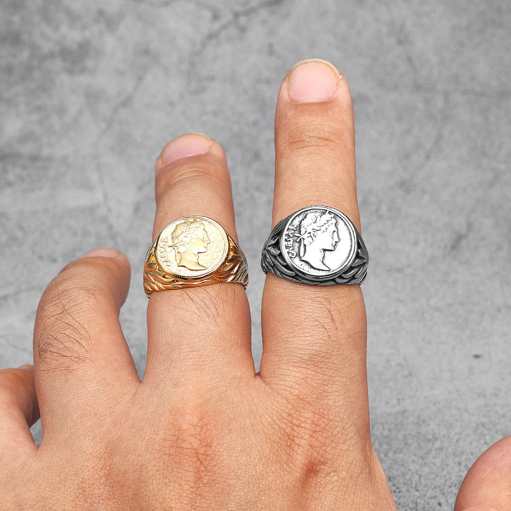 Anillo de cara César, anillos de acero inoxidable 316L para hombres, estatua de la victoria Roma, Punk Rock para motorista masculino, novio, joyería, regalo, triangulación de envíos