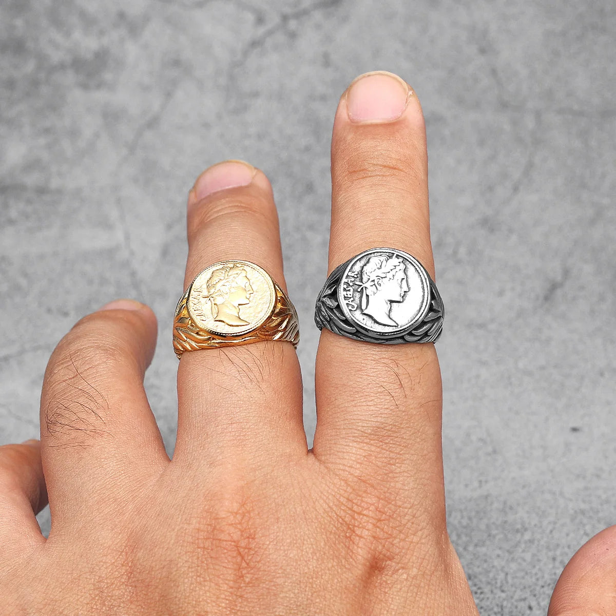 Anillo de cara César, anillos de acero inoxidable 316L para hombres, estatua de la victoria Roma, Punk Rock para motorista masculino, novio, joyería, regalo, triangulación de envíos